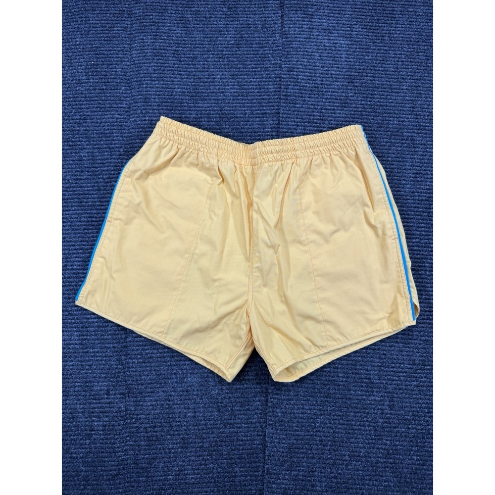 Men's Yellow Athletic Swim Shorts Size L Elastic Waist Mesh Lined Blue Trim